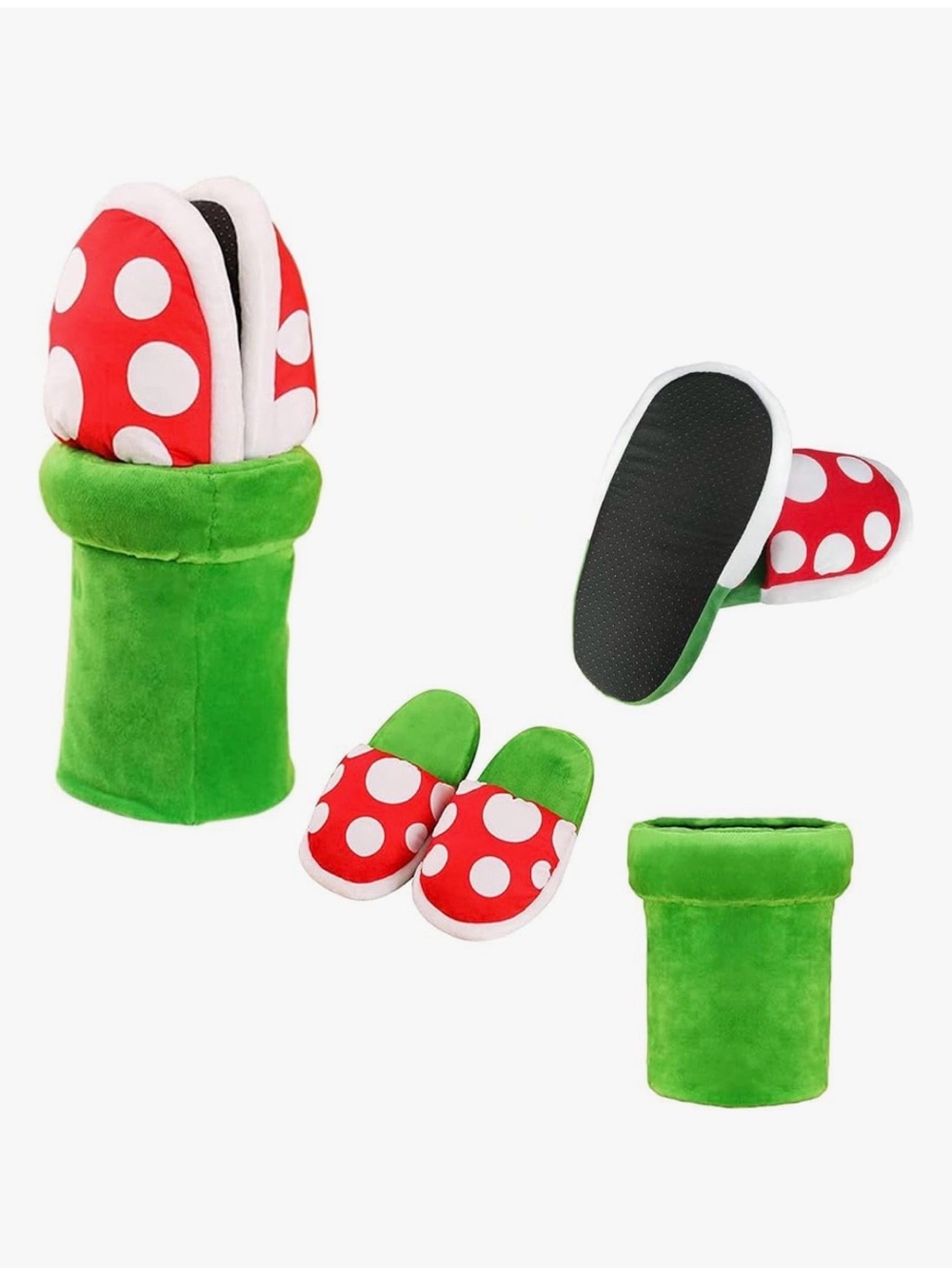 Super Mario Piranha Plant Plush Slippers with Green Pipe Pot Holder NWOT